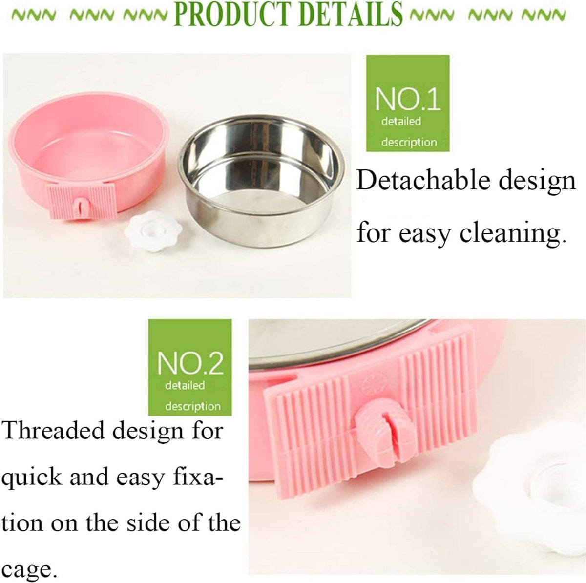 Detachable pet bowl design with pink plastic base and stainless steel insert for easy cleaning