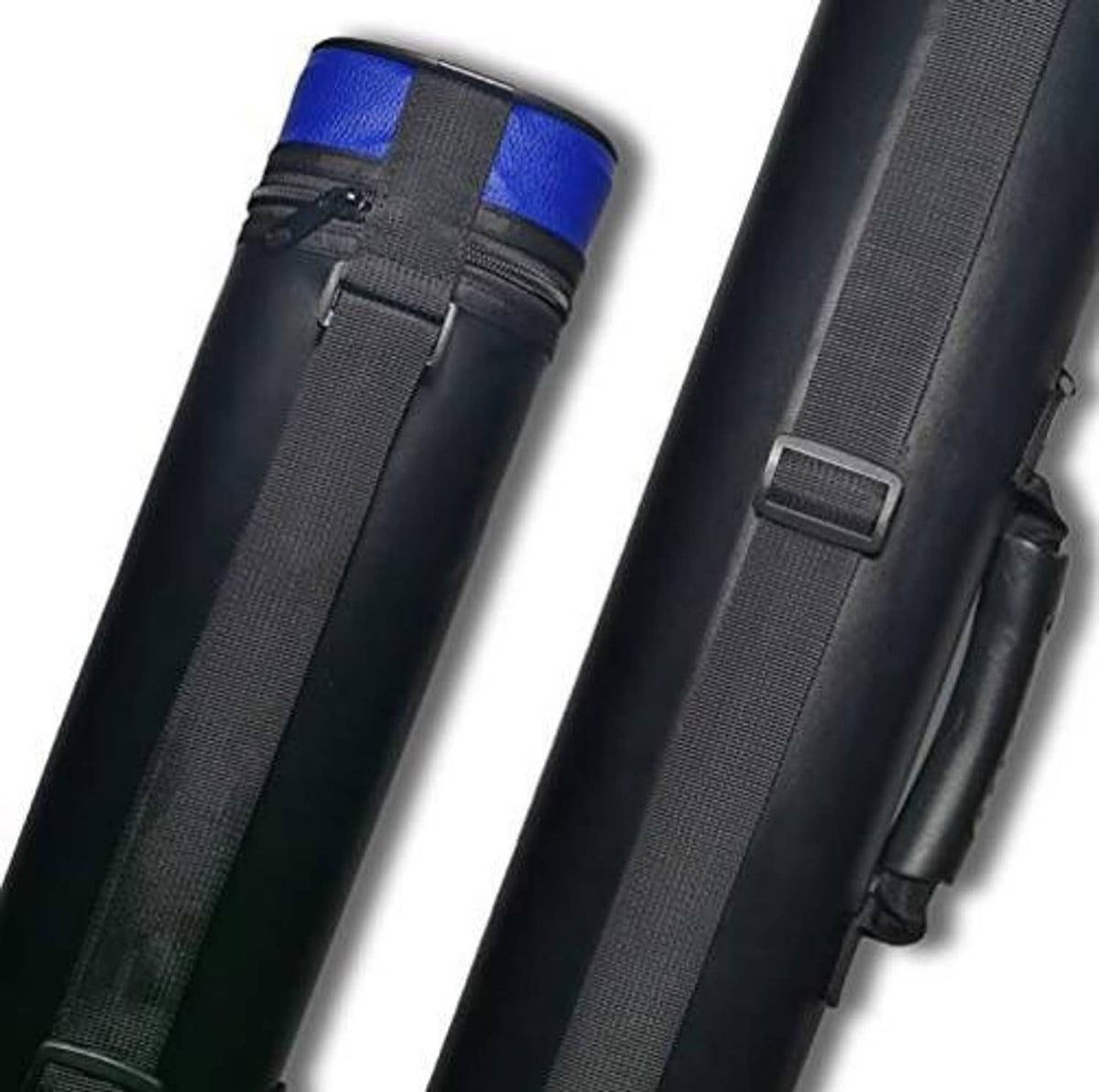 Hard pool cue case with black shoulder strap and blue end trim.
