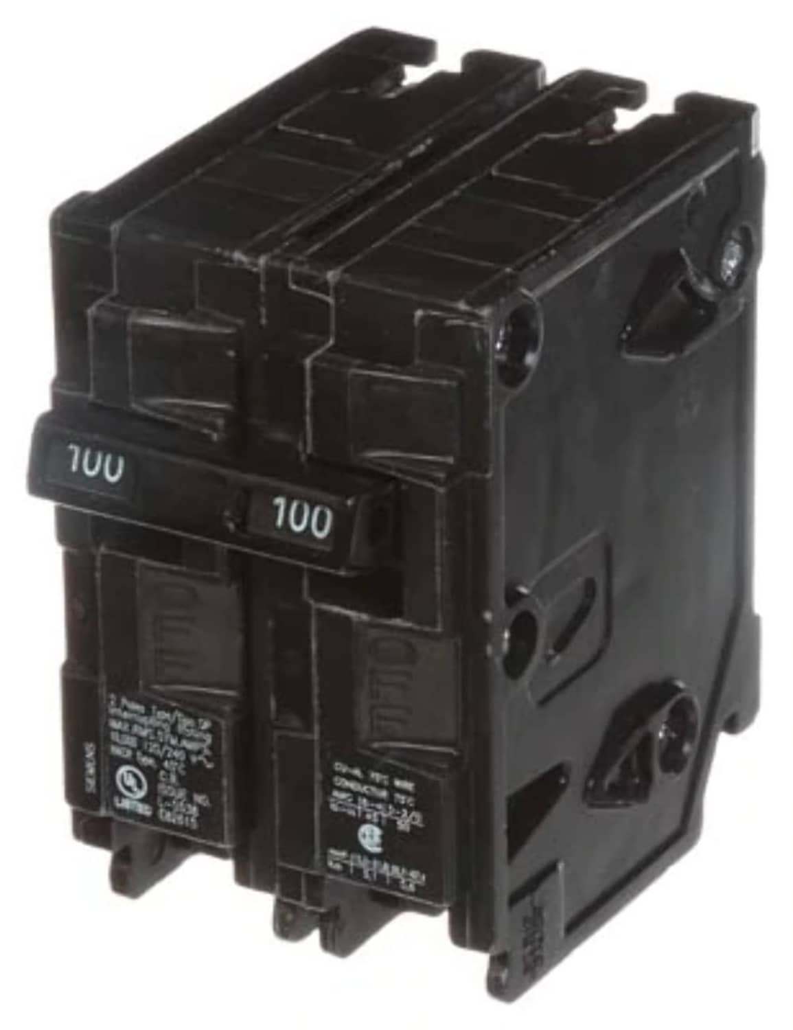 Siemens Type QP 100A double-pole circuit breaker, black face with side terminals