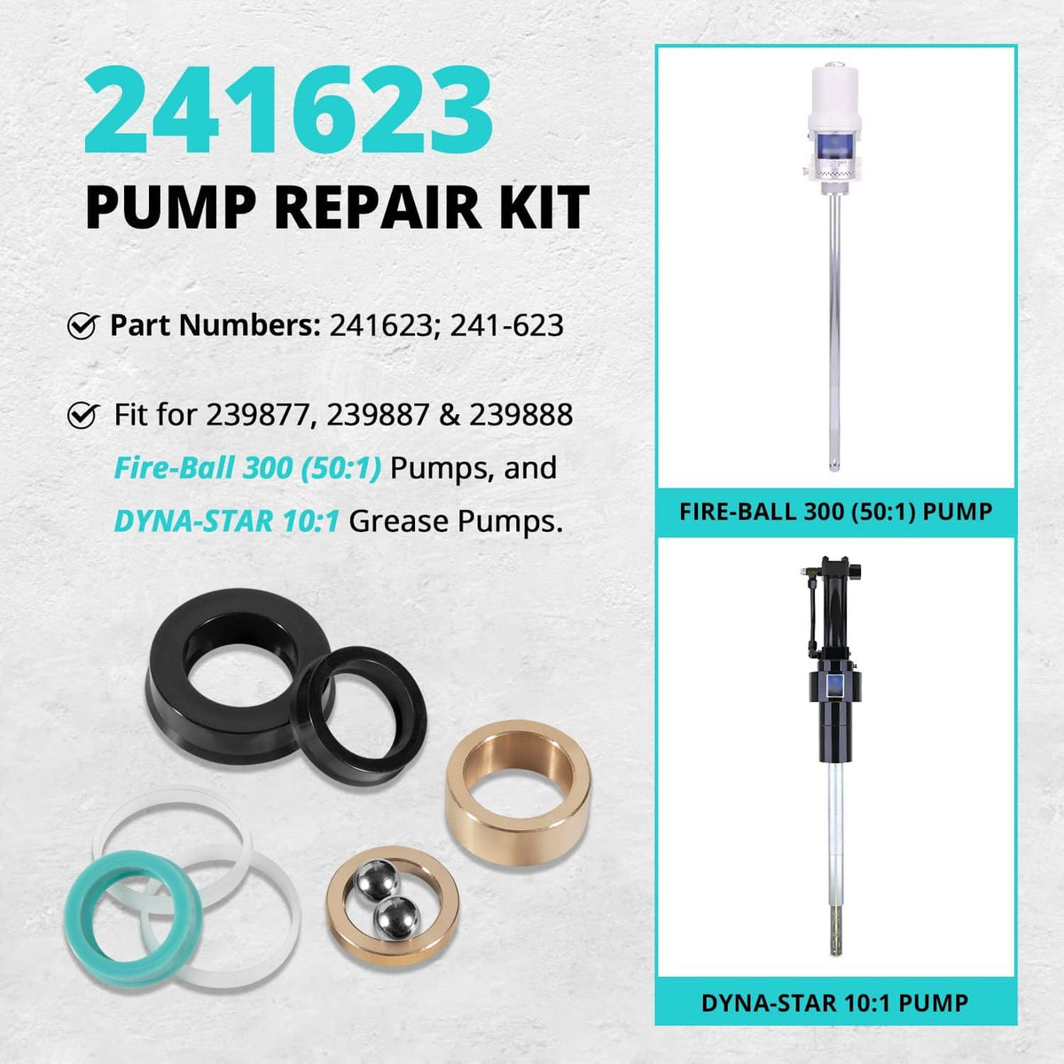 Pump repair kit components laid out with included seals, gasket, bushing, and steel ball
