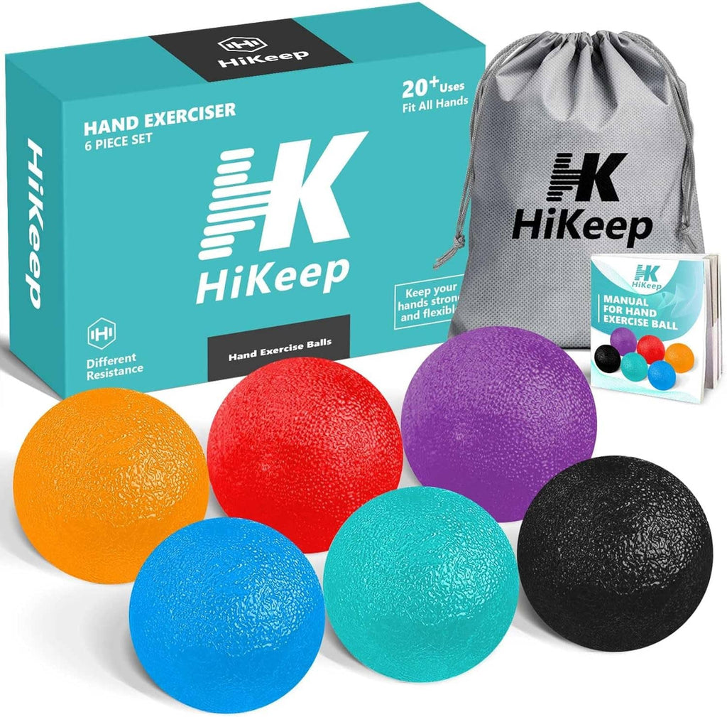 Six hand exercise balls in orange, red, purple, blue, teal, and black with bag.