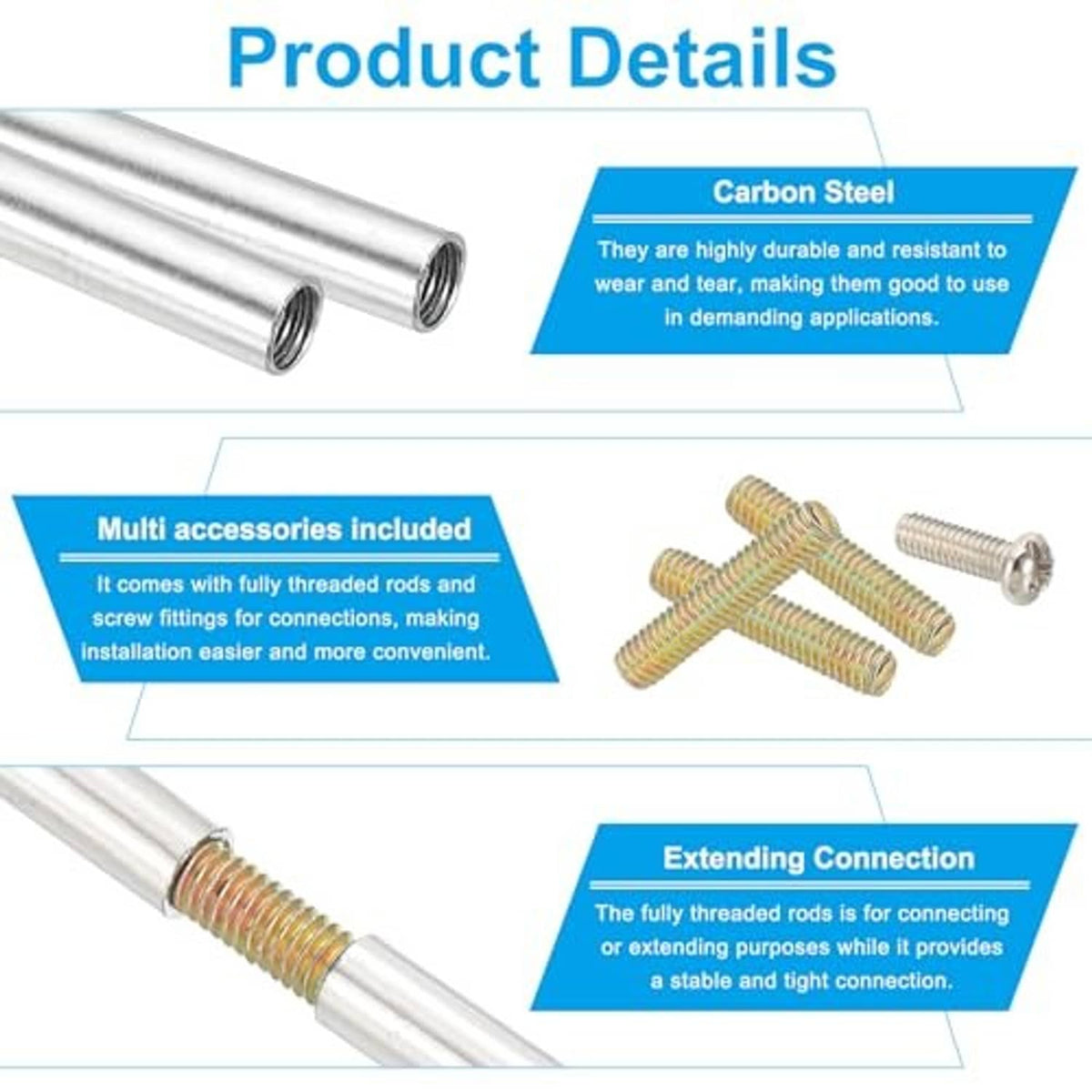 Carbon steel threaded connector bars and coupling nuts set detail for M4 hardware