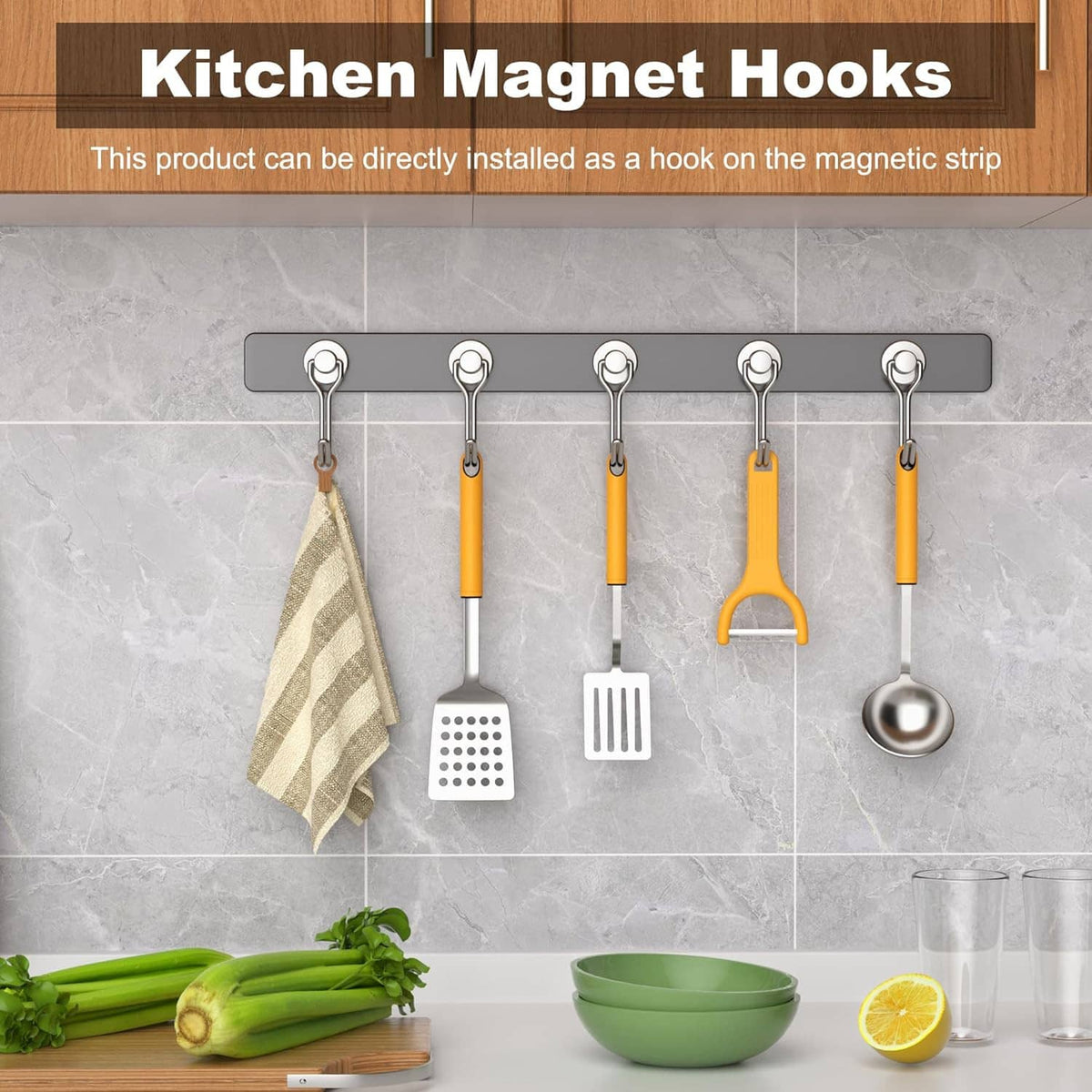 Magnetic hook set installed on a bar, holding kitchen tools and towel