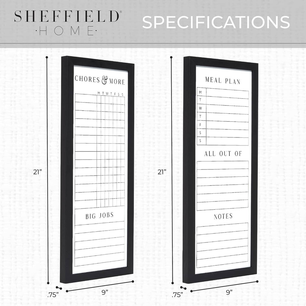 Set of two black framed family planner dry-erase boards, 9x21 in size