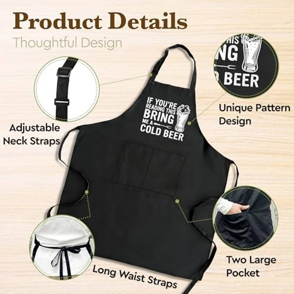 Black BBQ apron with adjustable neck straps and long waist straps; beer mug text design