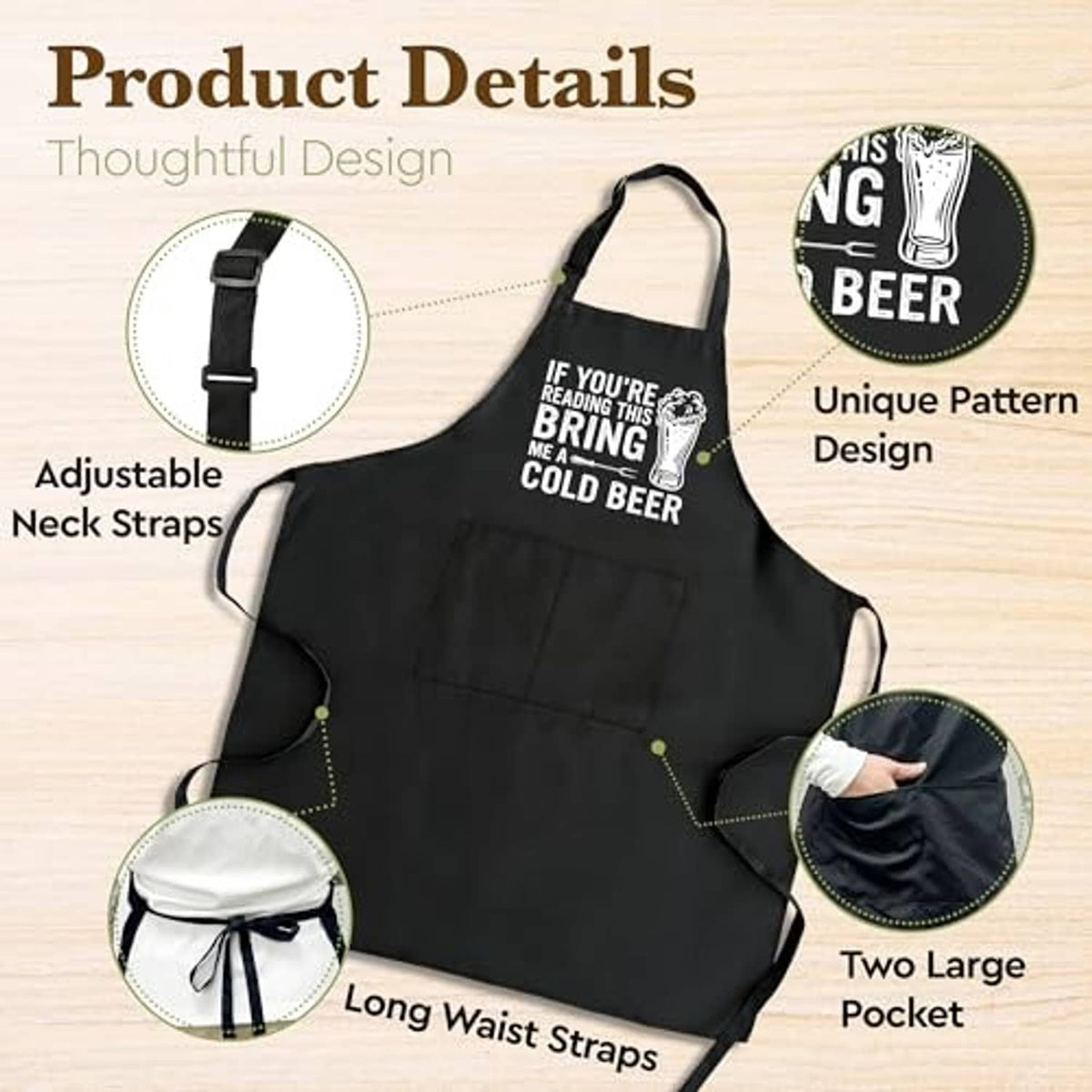 Black BBQ apron with adjustable neck straps and long waist straps; beer mug text design