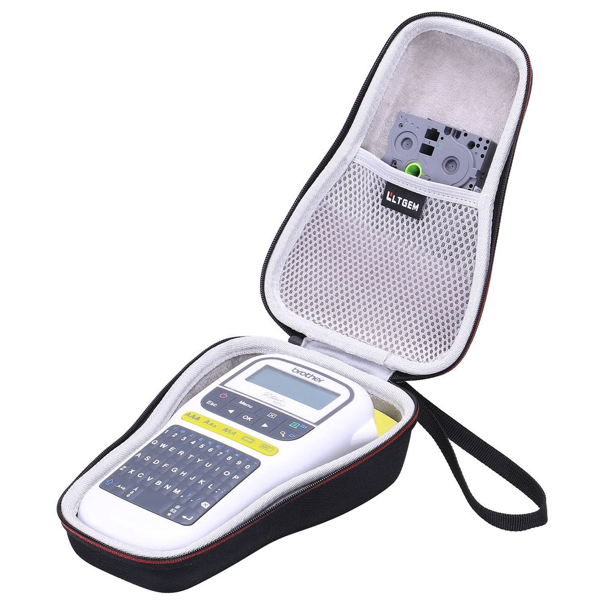 Hard-shell label printer case with zipper and shoulder strap, open for device storage