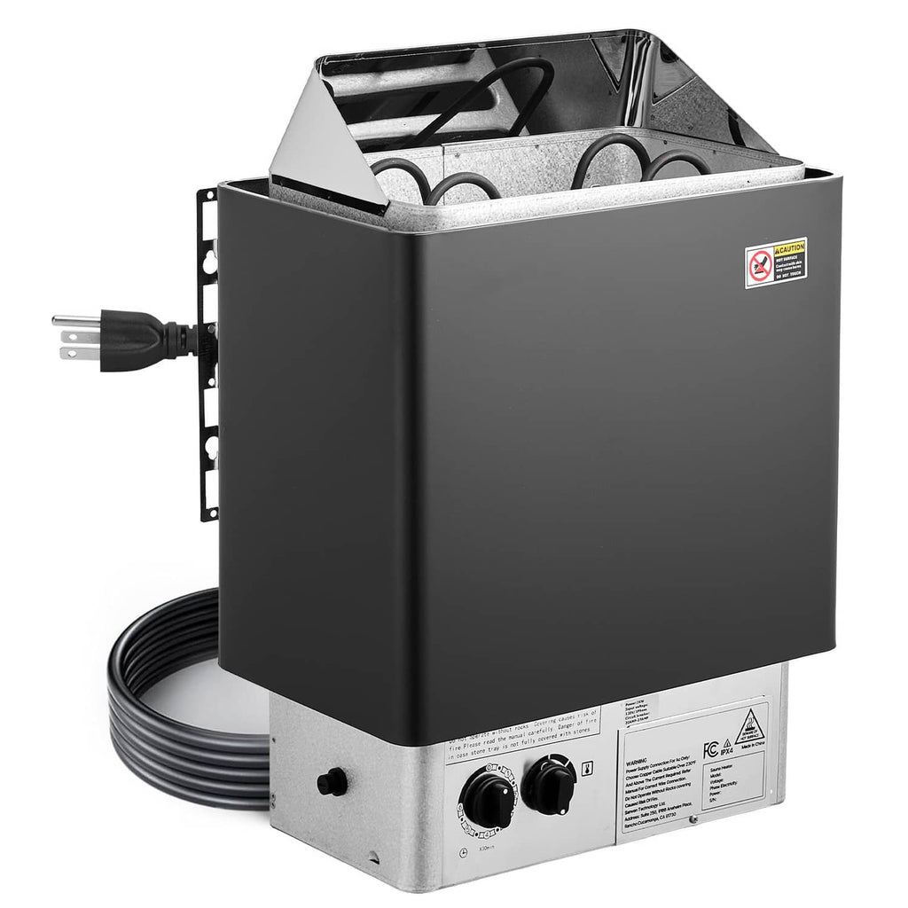 Electric sauna heater with black housing, gray base, control knobs, and power plug.