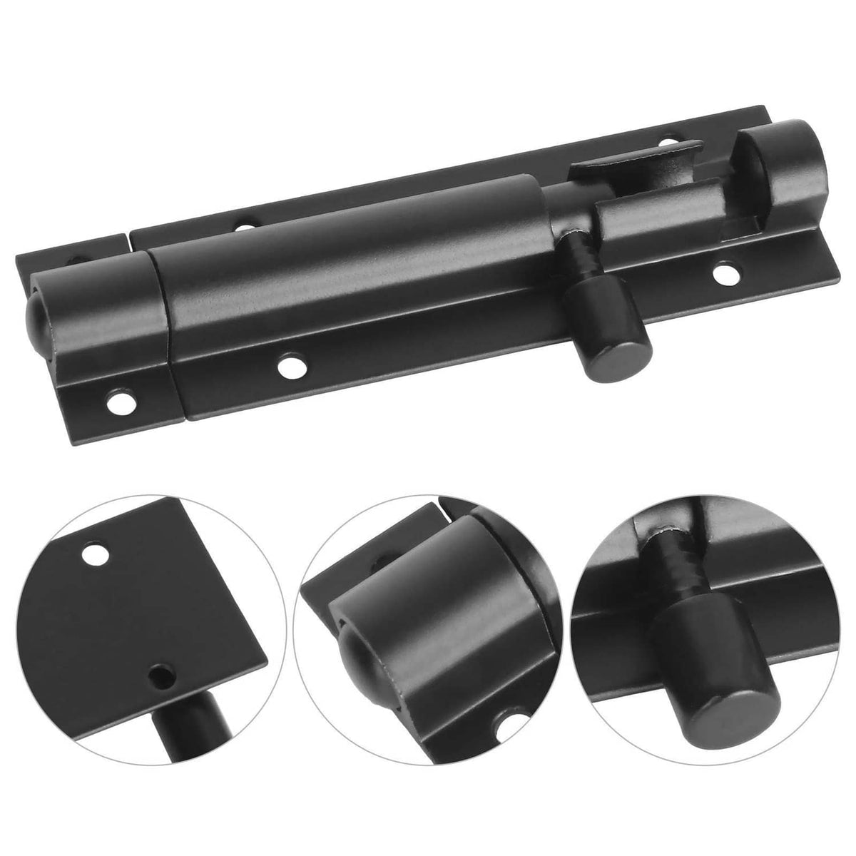 Black barrel bolt slide latch with close-up of mounting plates and latch hardware
