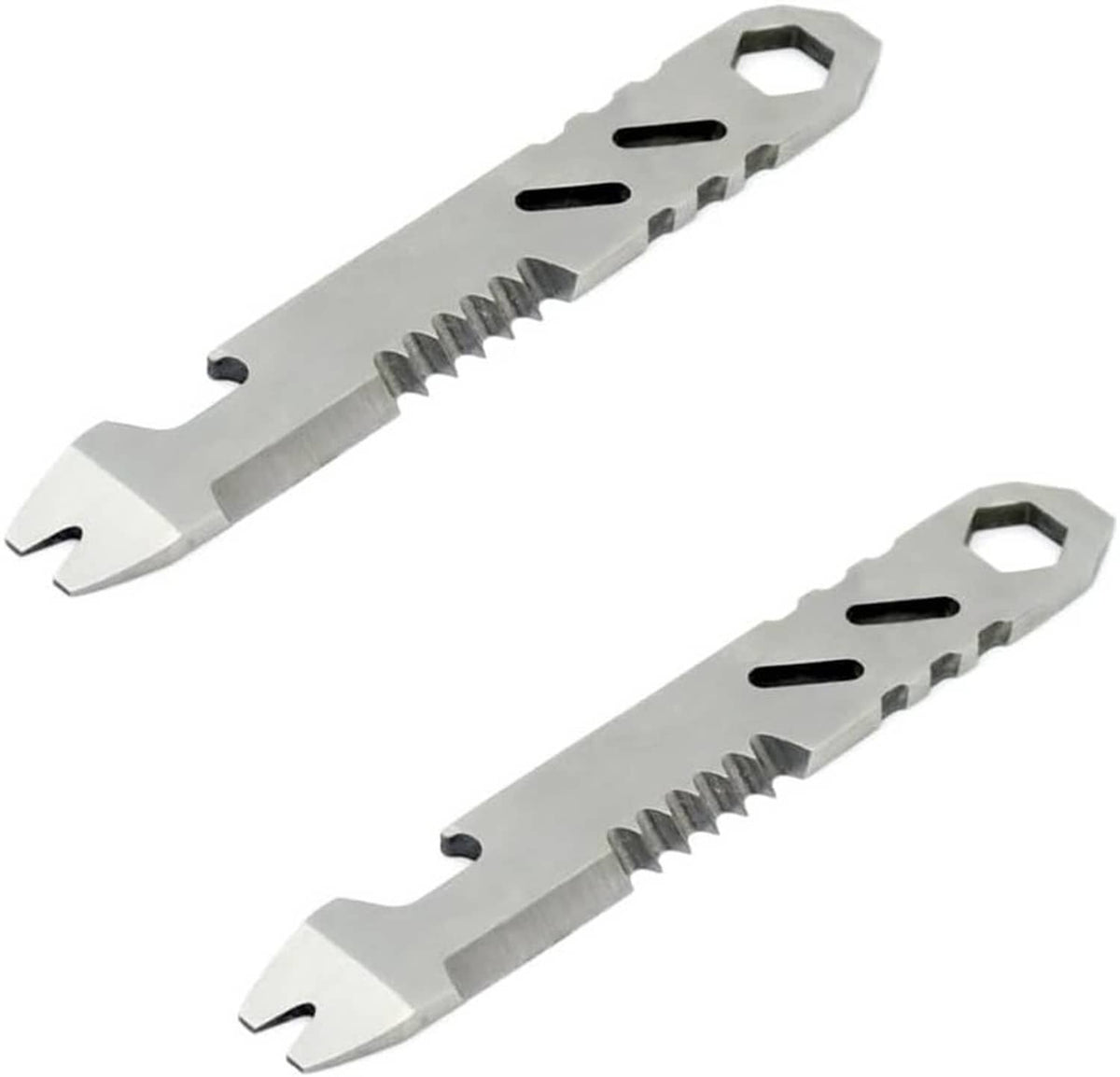 Pair of high-speed steel fire starter striker tools with serrated scraper and hex hole