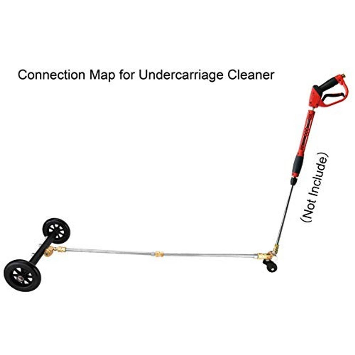 Undercarriage cleaner with long extension handle, black wheels, and brass connection fittings