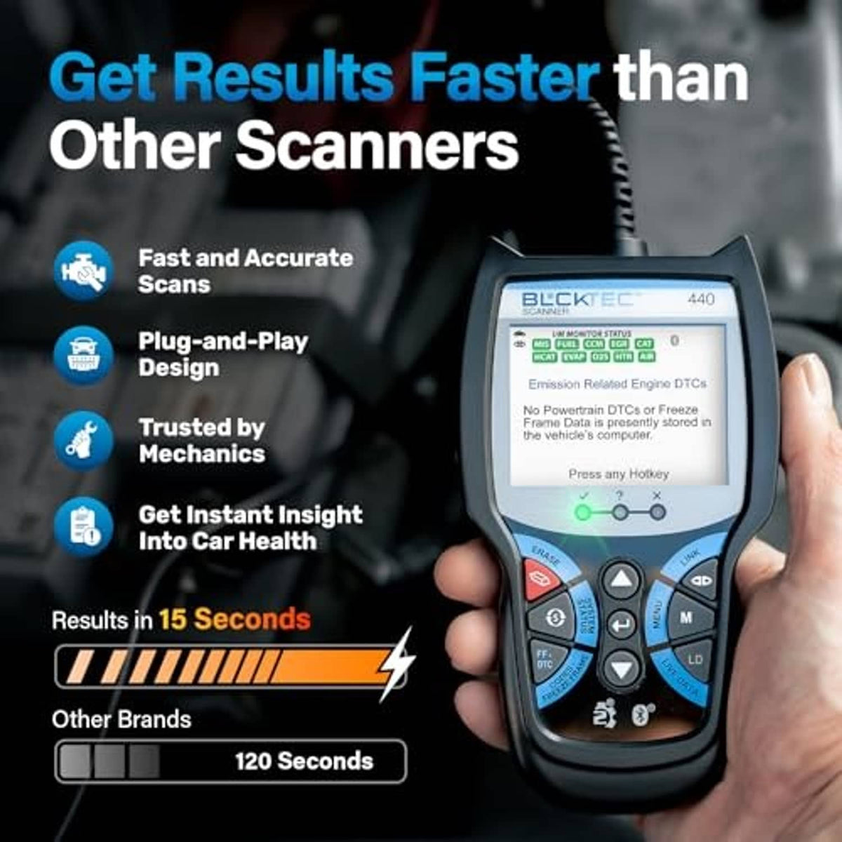 Handheld OBD2 scanner in hand with illuminated screen and keypad buttons