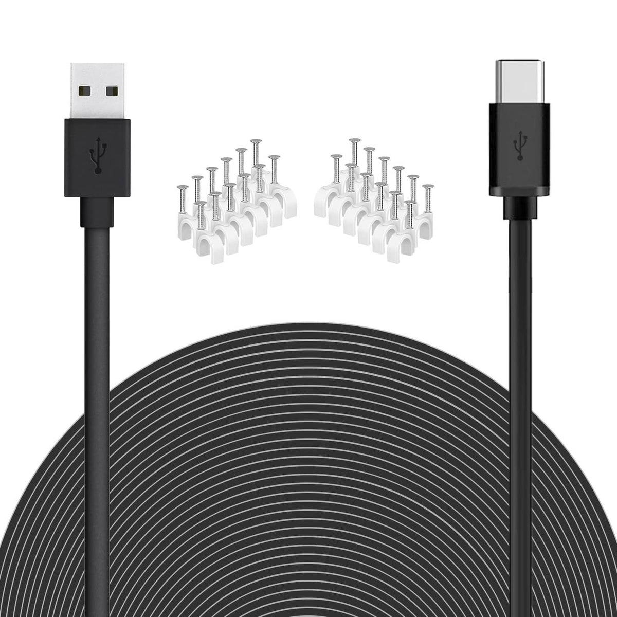 Black USB-A to USB-C cable with two connectors and coiled cable spool