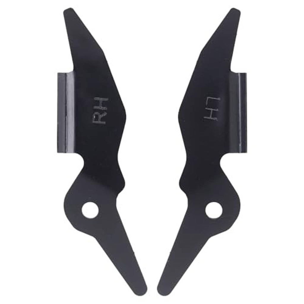 Pair of black front bumper brackets with vertical tabs and circular mounting holes