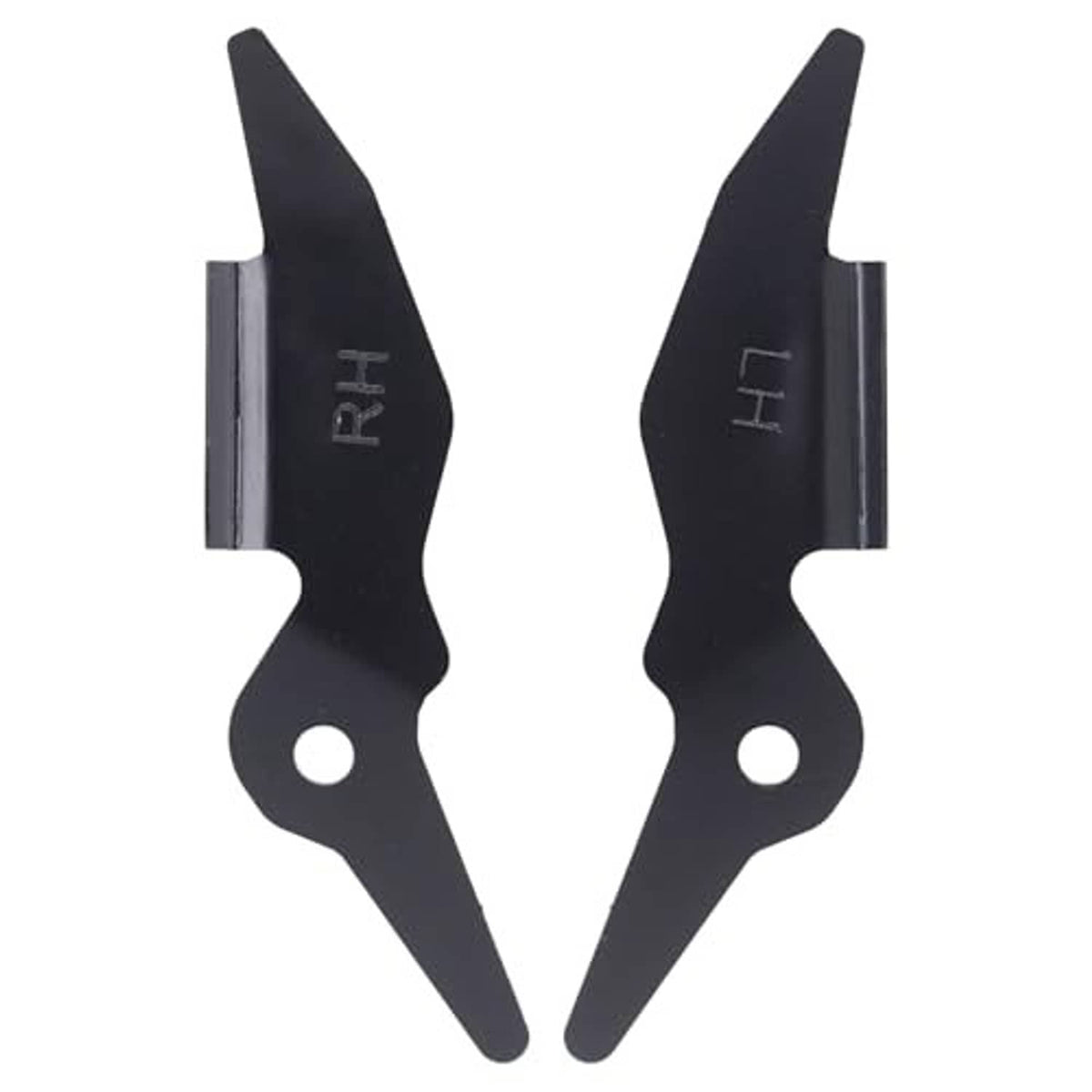 Pair of black front bumper brackets with vertical tabs and circular mounting holes