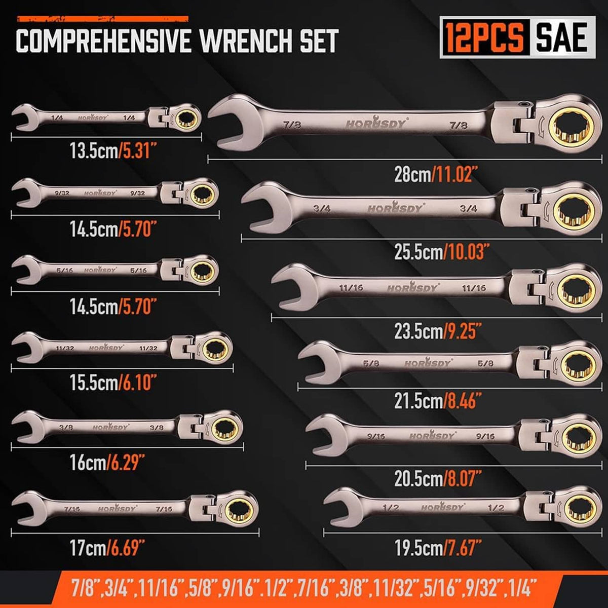 Comprehensive SAE ratcheting wrench set, multiple silver wrenches with gold socket ends