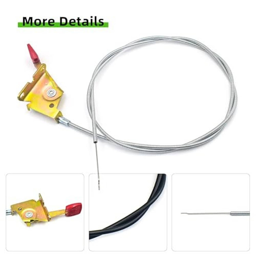 Throttle control cable assembly showing yellow bracket, red lever, and braided steel line