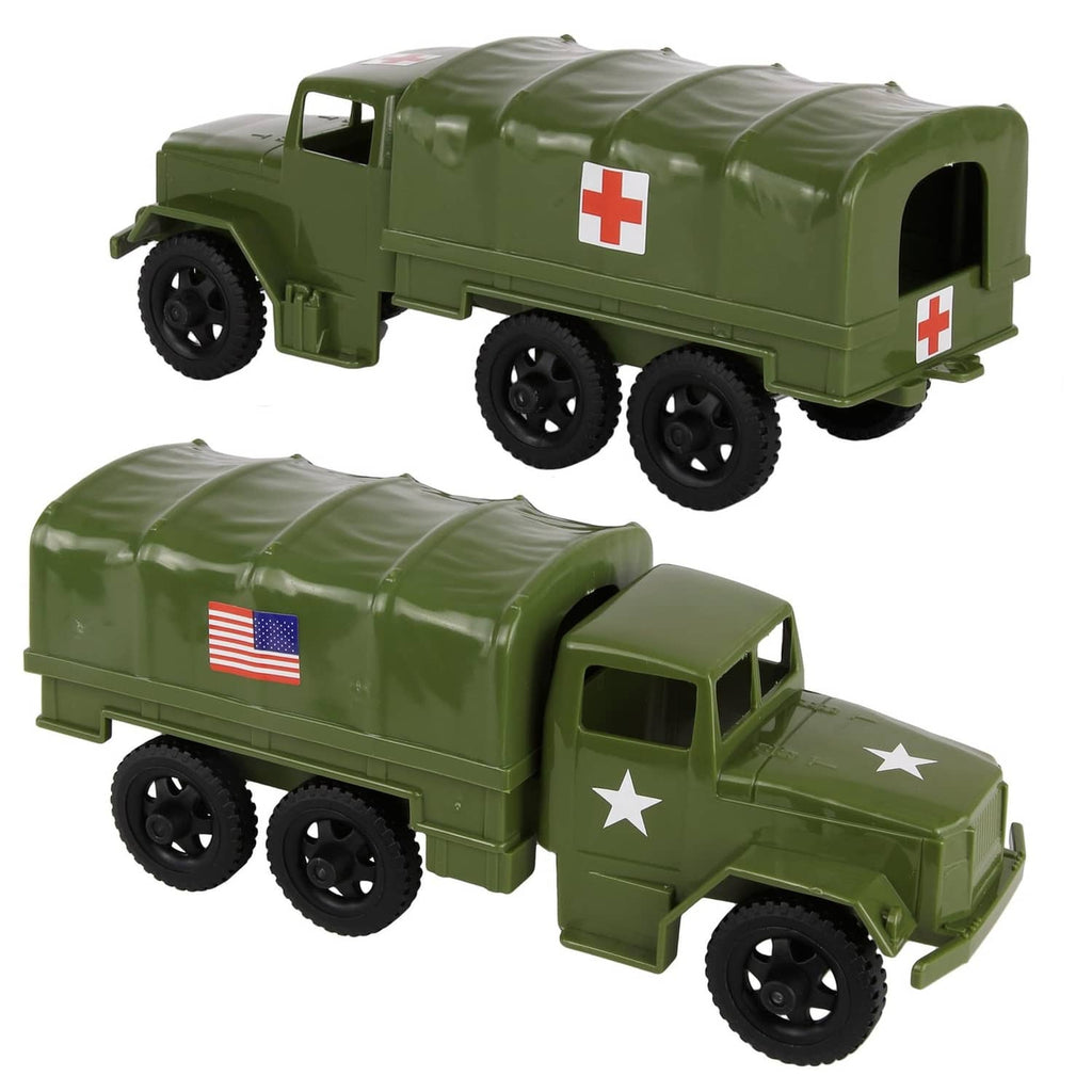 OD green plastic military cargo truck toy with white star and red-cross decals