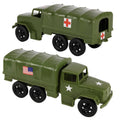 OD green plastic military cargo truck toy with white star and red-cross decals