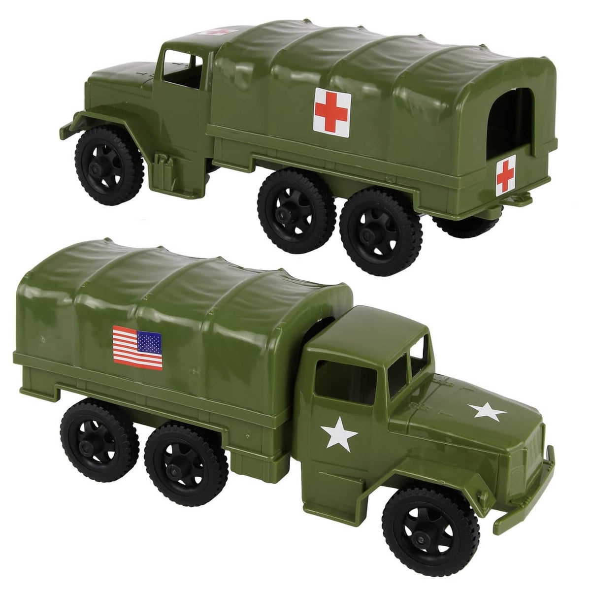 OD green plastic military cargo truck toy with white star and red-cross decals
