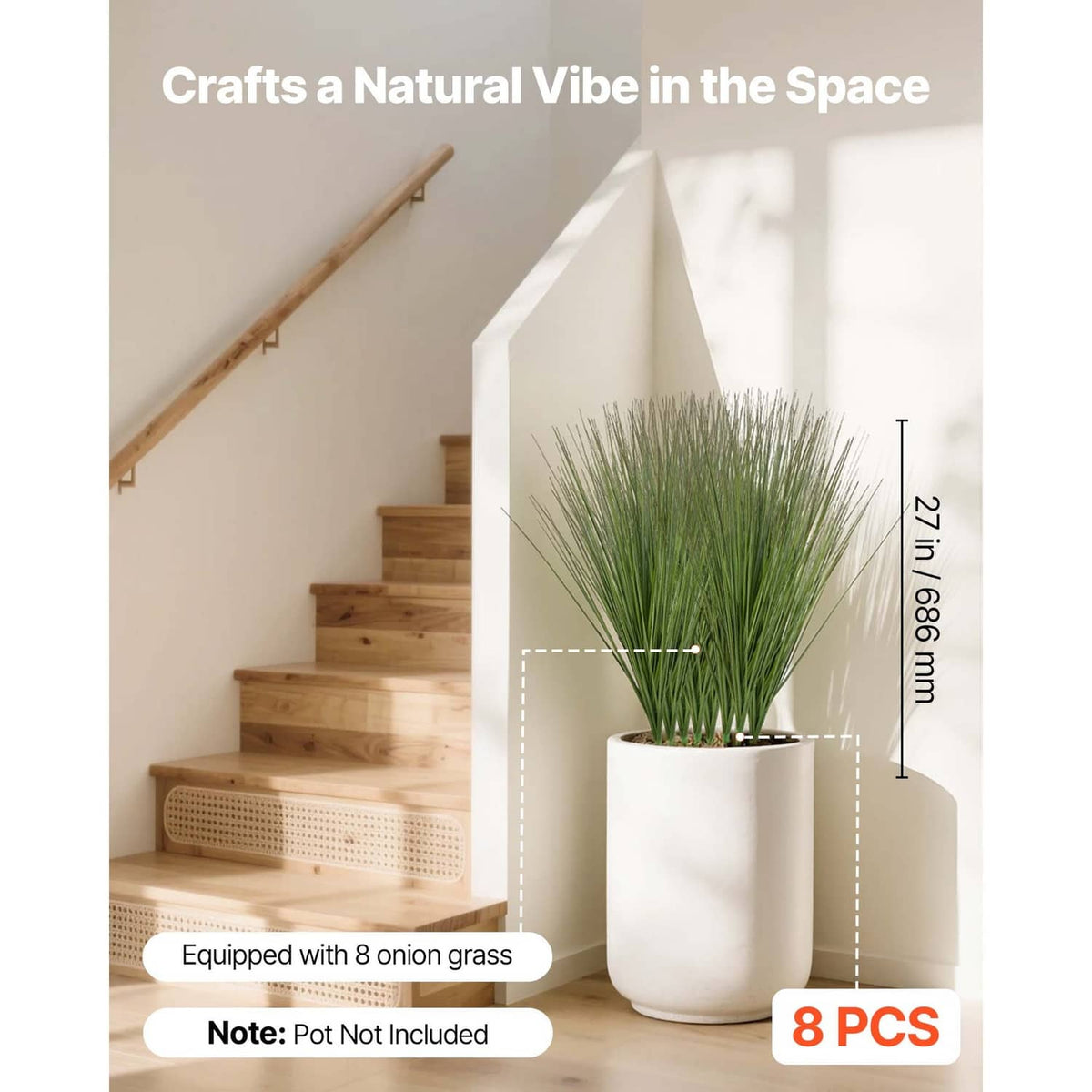 Artificial onion grass plant in a white planter pot, green grassy blades
