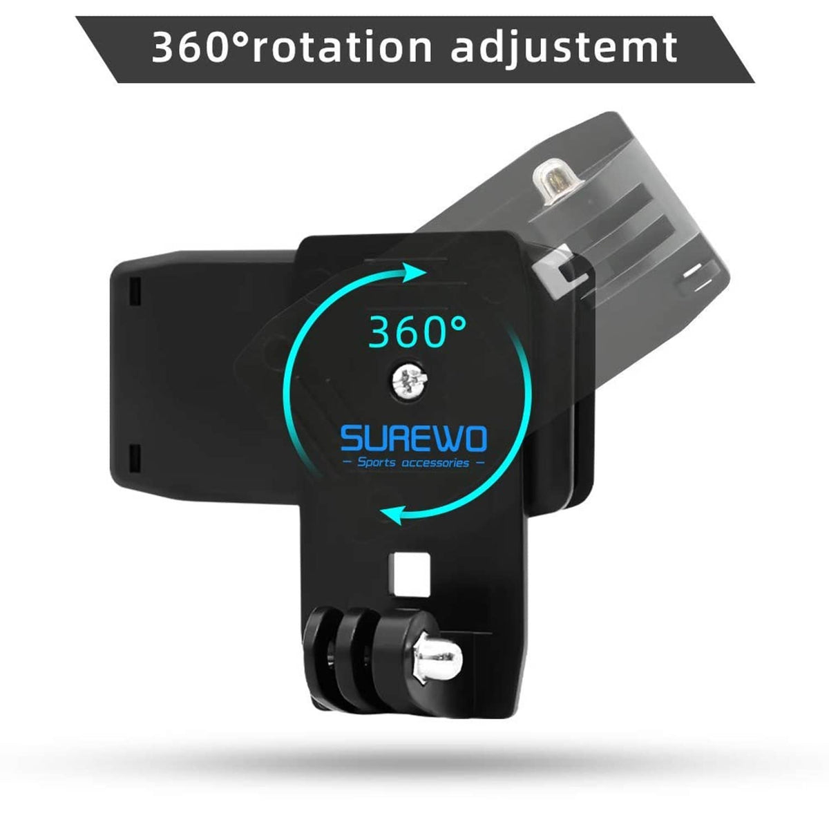 360° rotation action camera strap mount with locking base and clamp jaws