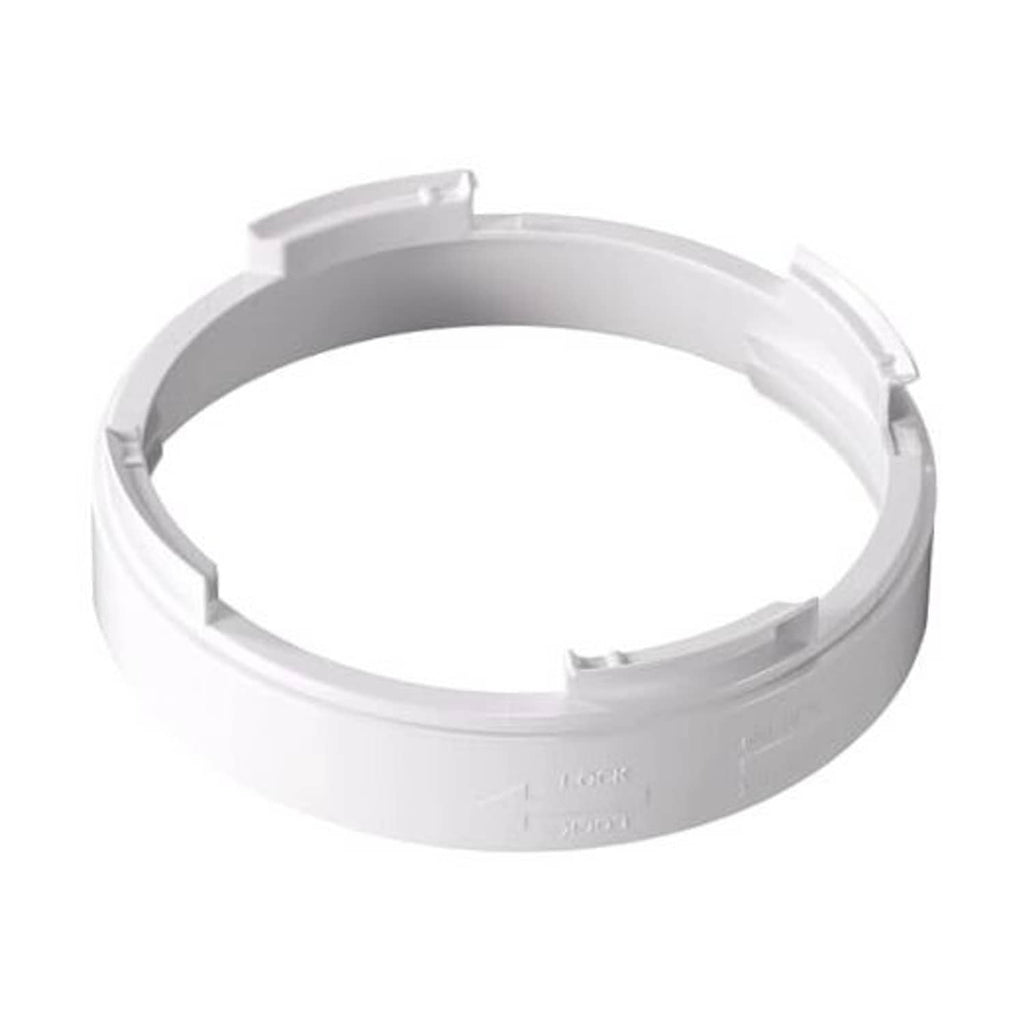 Round plastic AC exhaust hose coupler ring, white with snap tabs and markings