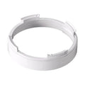 Round plastic AC exhaust hose coupler ring, white with snap tabs and markings