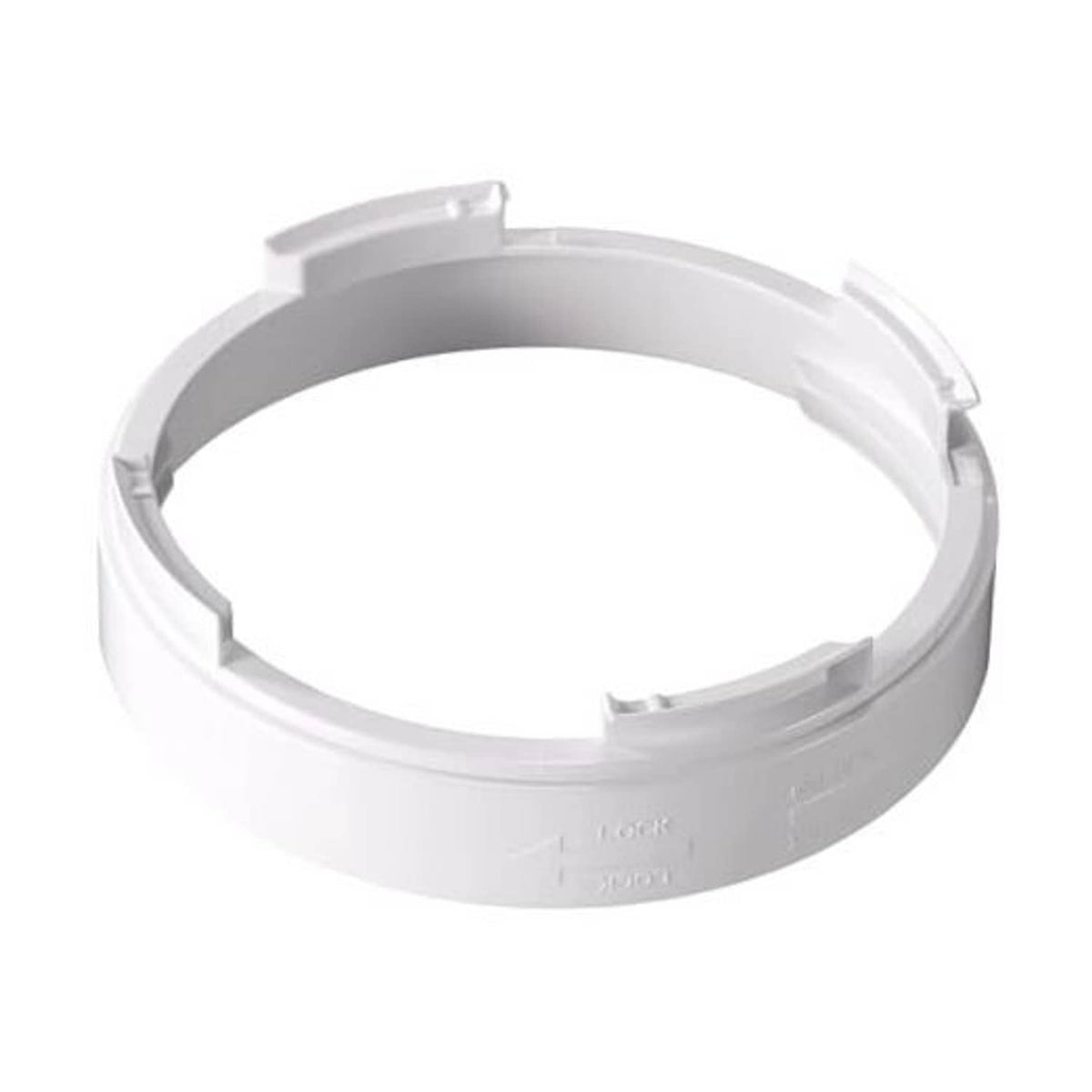 Round plastic AC exhaust hose coupler ring, white with snap tabs and markings