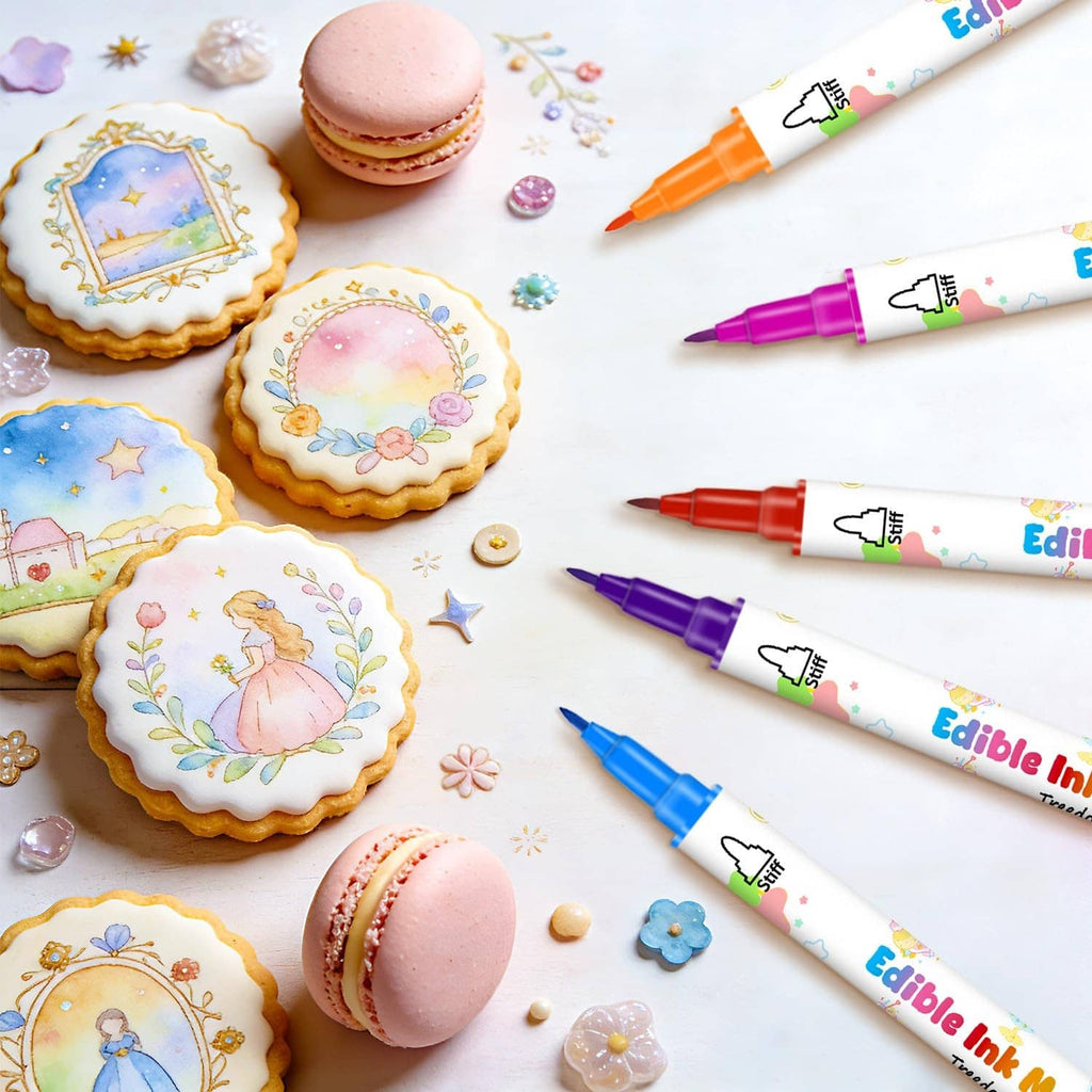 Edible ink markers next to decorated cookies and macarons with pastel designs