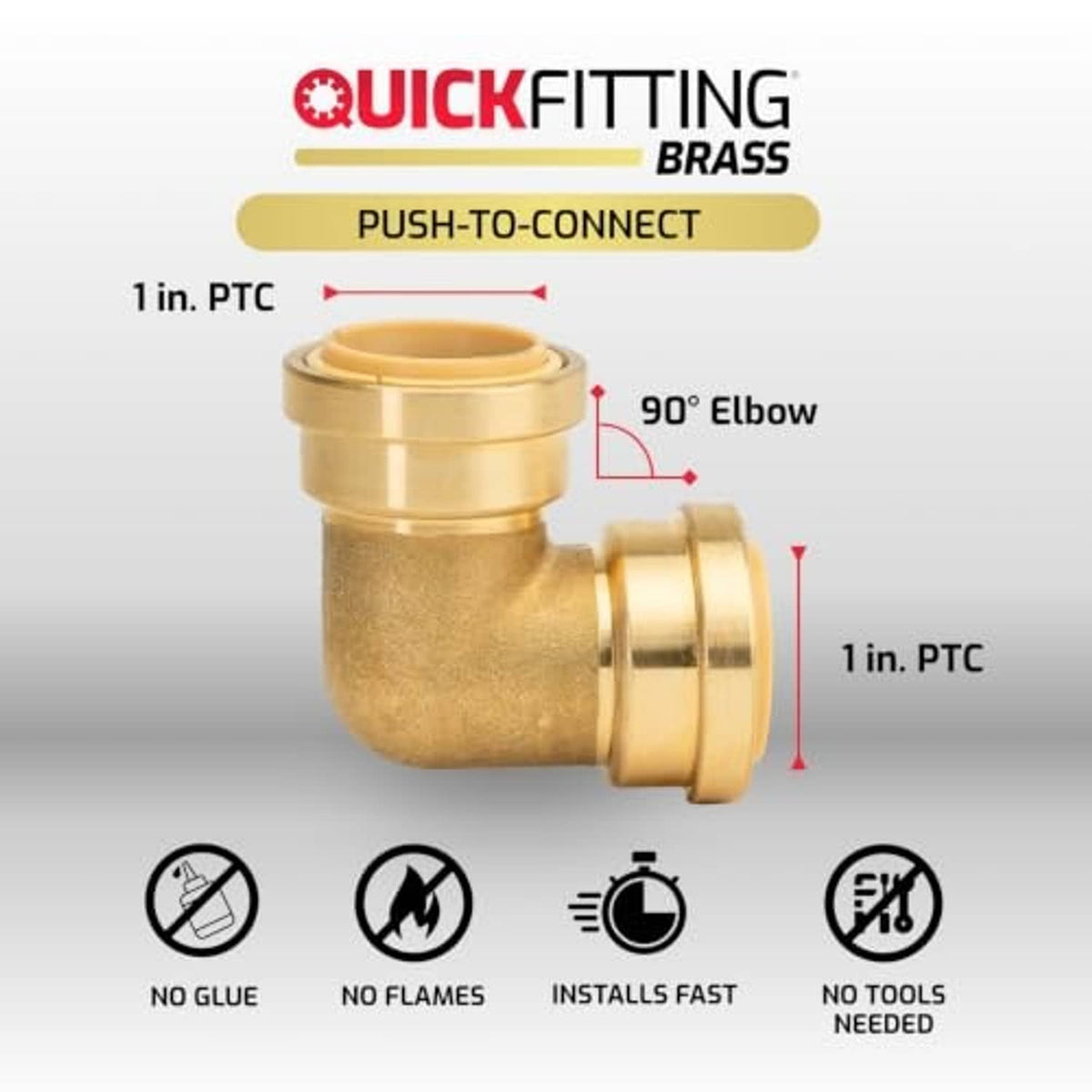 Brass 90-degree elbow push-to-connect fitting with 1 in PTC inlet and outlet