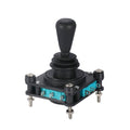 Black 4-position joystick switch with teal base and mounting screw terminals