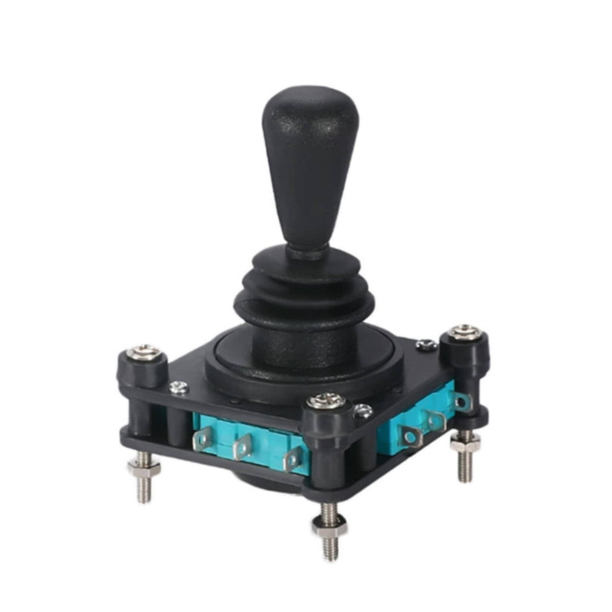 Black 4-position joystick switch with teal base and mounting screw terminals