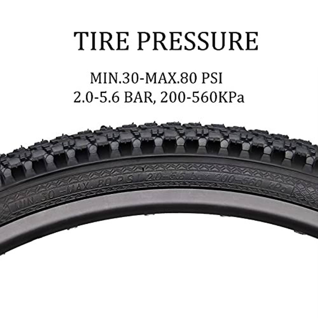 Black mountain bike tire with chunky tread pattern and embossed sidewall text.