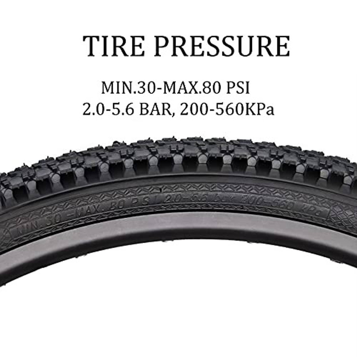 Black mountain bike tire with chunky tread pattern and embossed sidewall text.