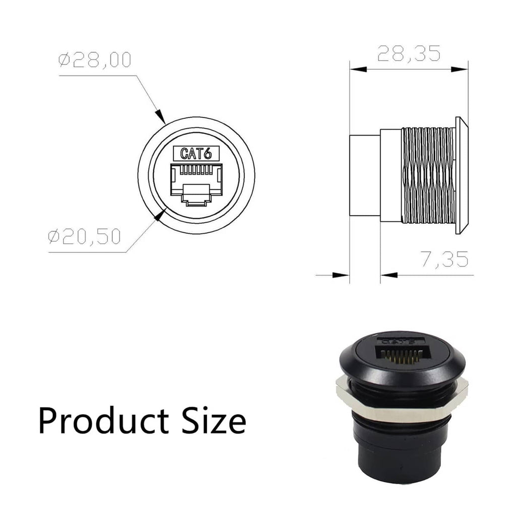 Single black CAT6 RJ45 panel-mount coupler with visible size measurements