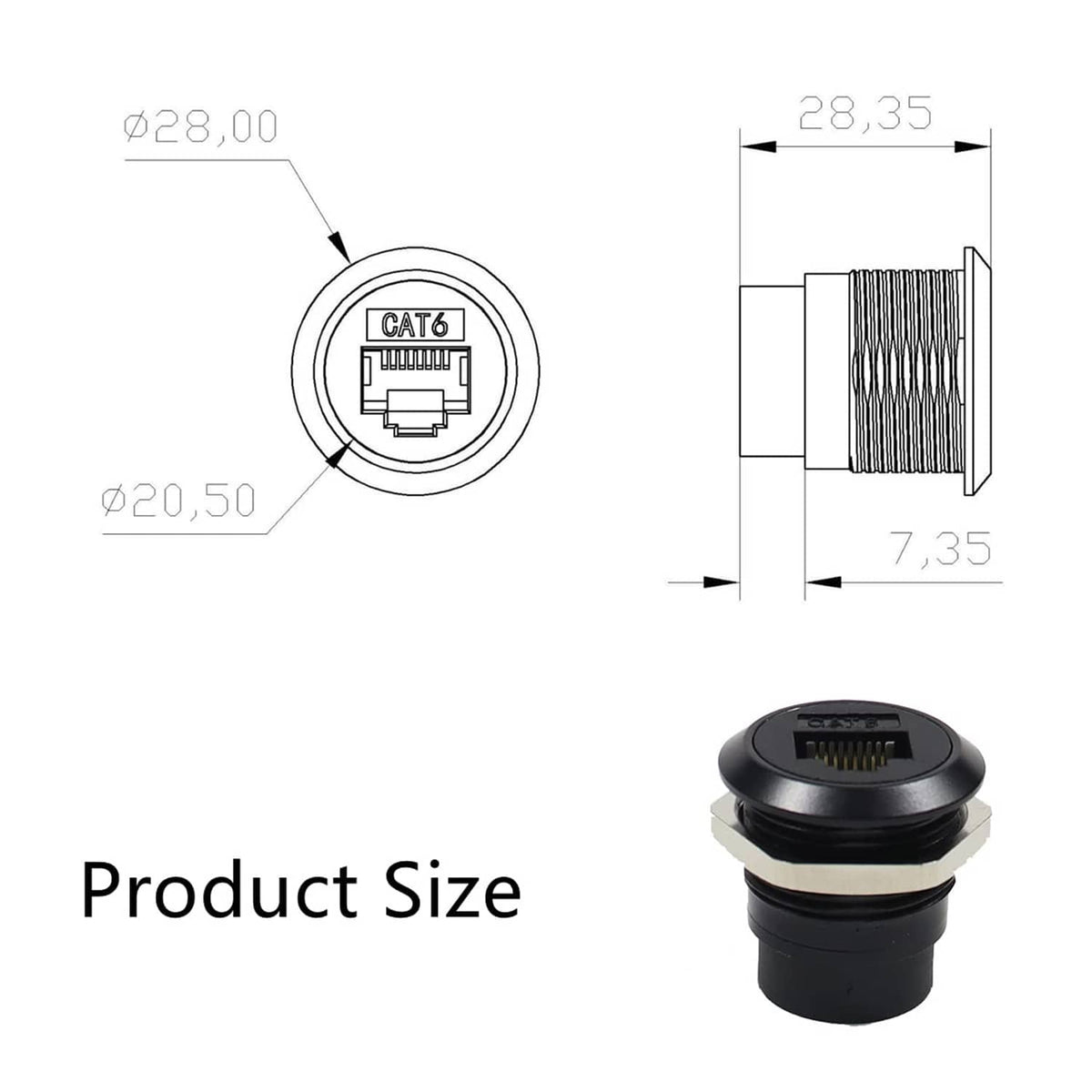 Single black CAT6 RJ45 panel-mount coupler with visible size measurements