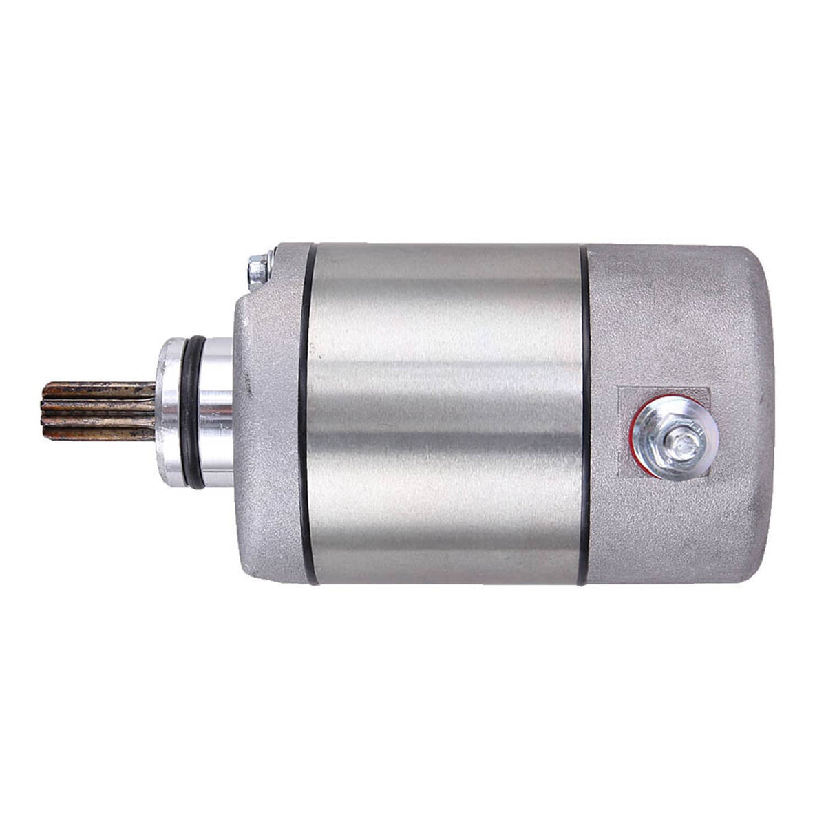 Silver starter motor with output shaft and front mounting face, shown at angle