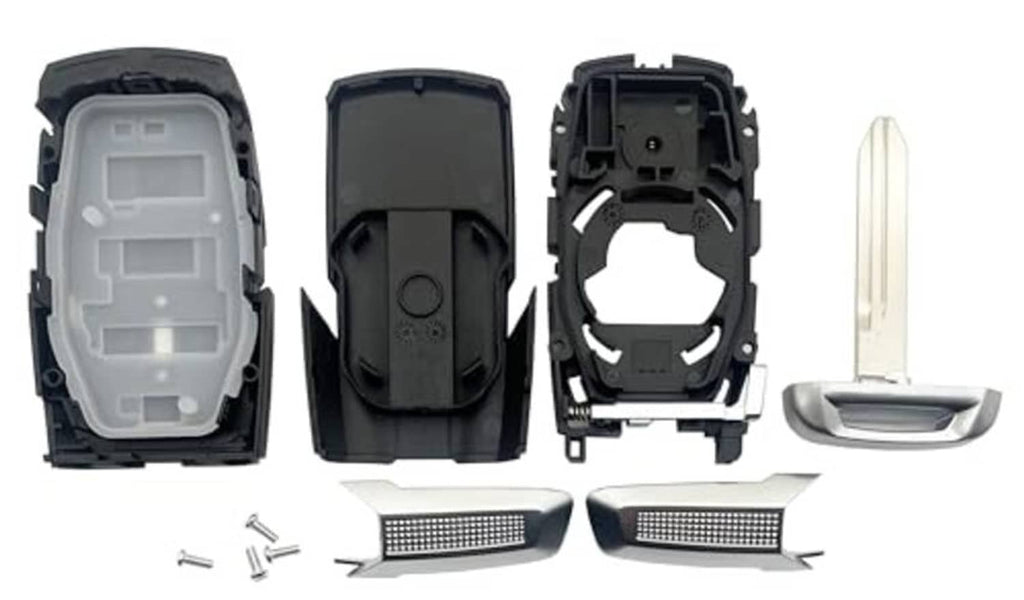 Key fob cover shell parts kit with open housing, insert pieces, and key blade