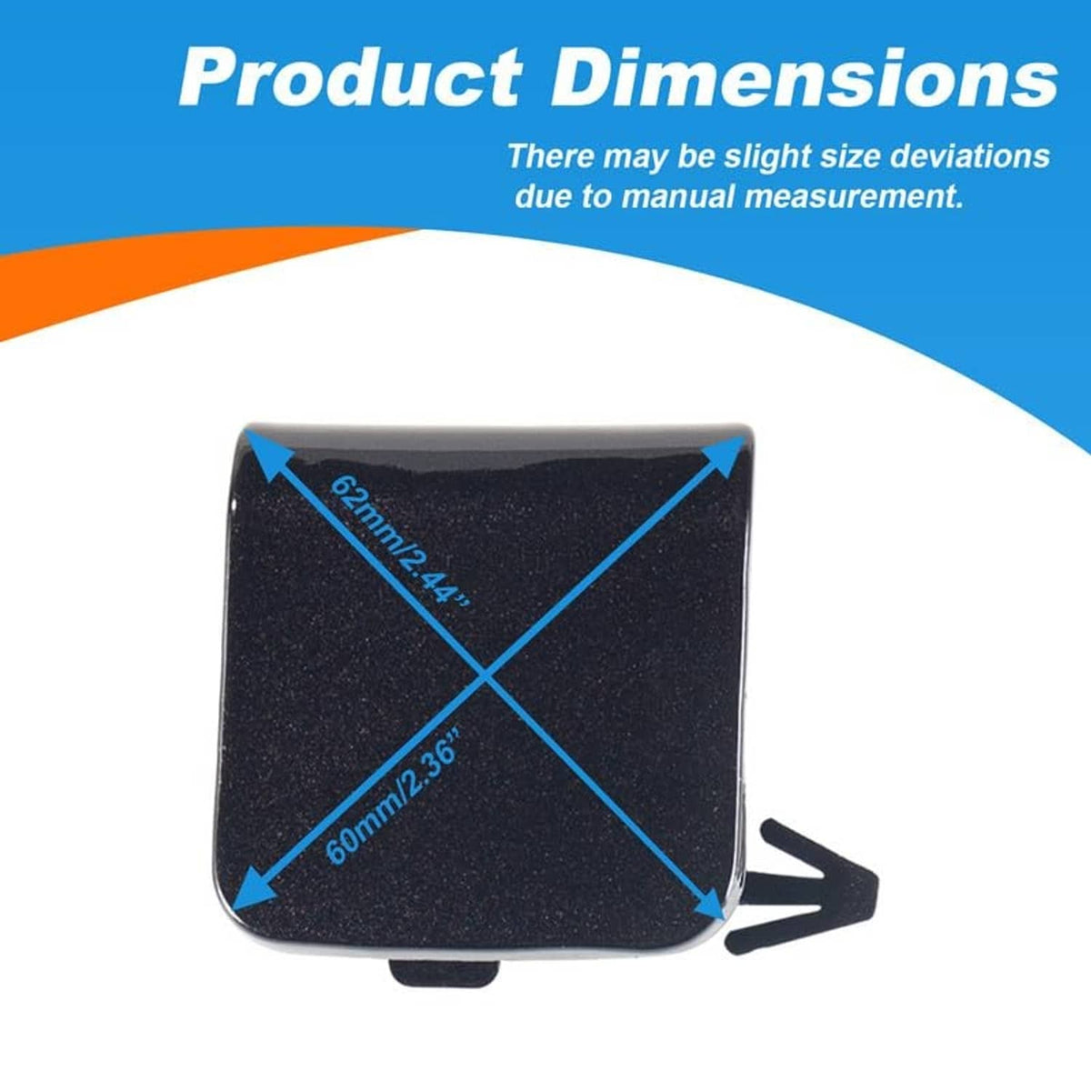 Black square tow hook cover cap with dimension measurements