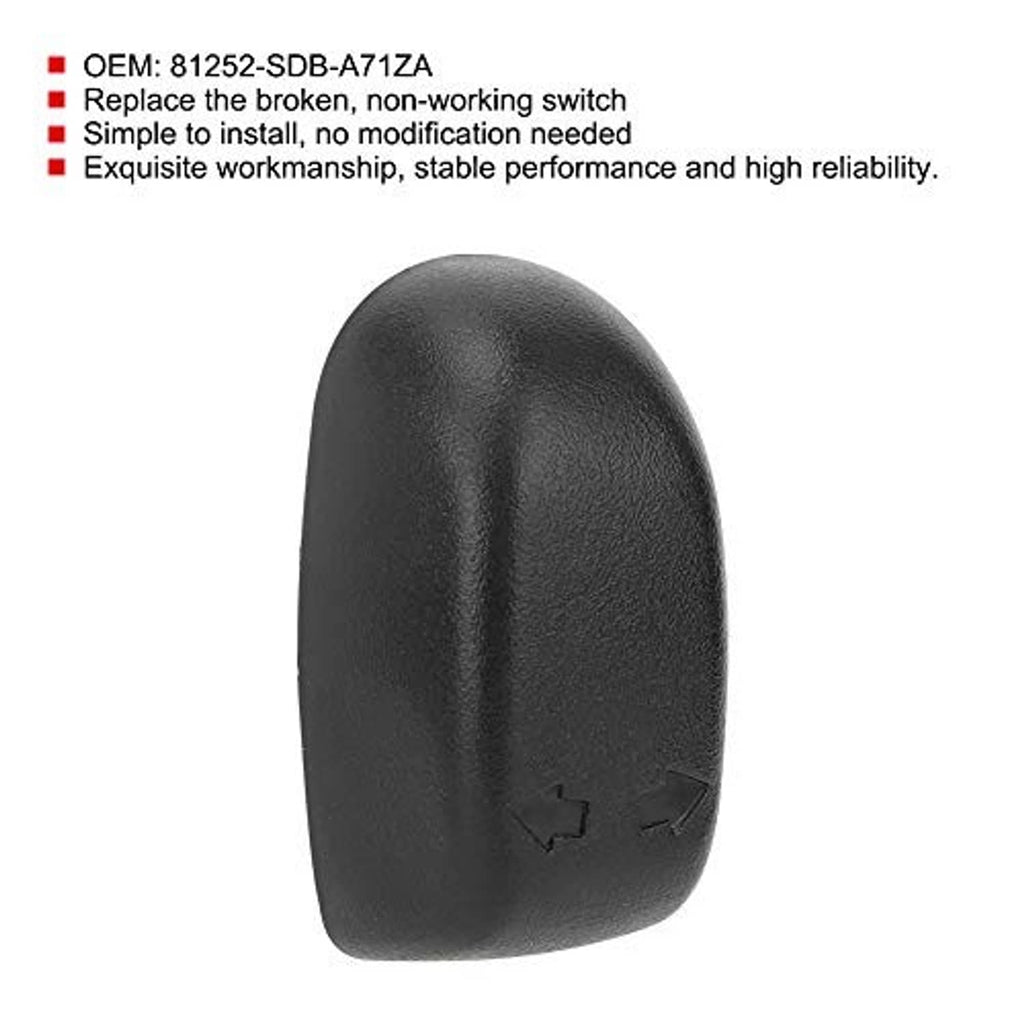 Black seat adjustment switch knob, slightly curved shape with arrow button icons