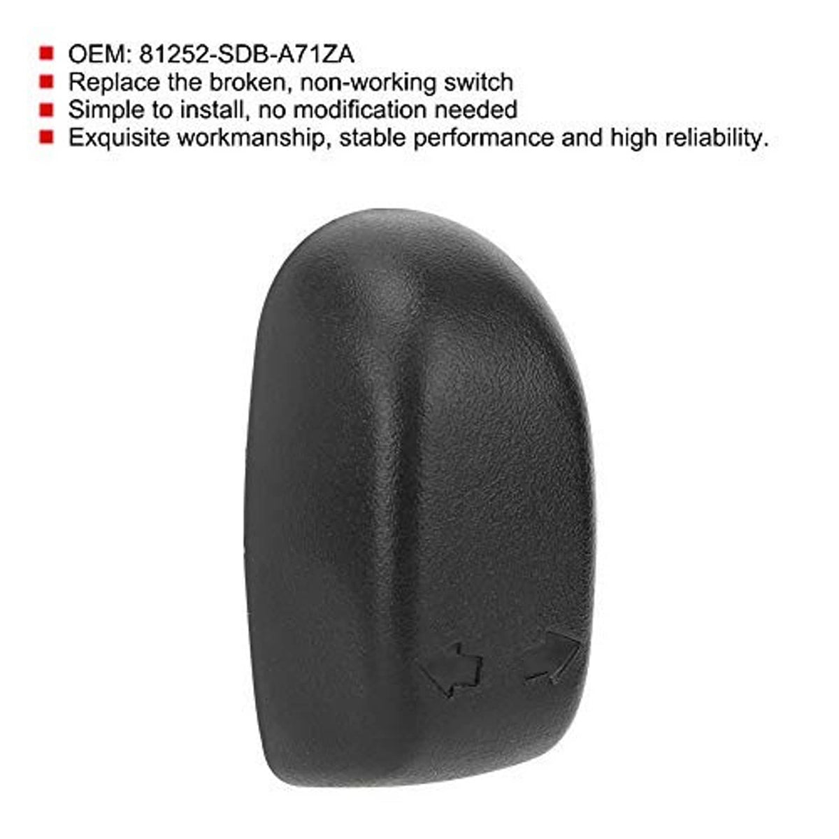 Black seat adjustment switch knob, slightly curved shape with arrow button icons
