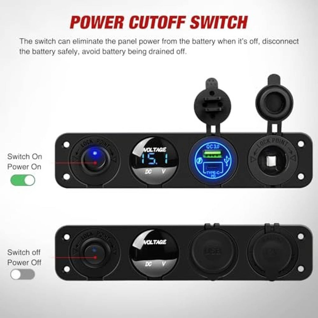 Car charger socket panel with power cut-off switch and blue illuminated QC indicator