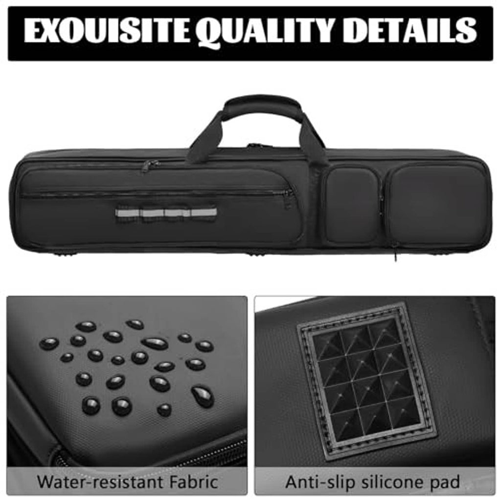 Black pool cue case with textured exterior and anti-slip silicone base patch