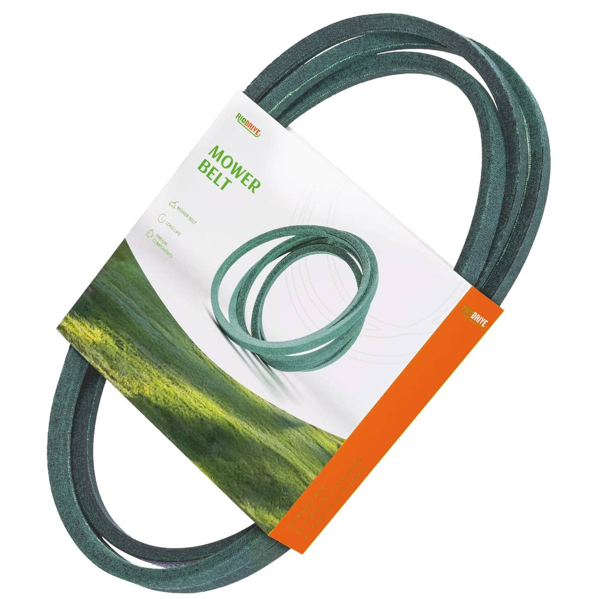 Green mower deck belt coiled, Kevlar-reinforced rubber belt with orange tag
