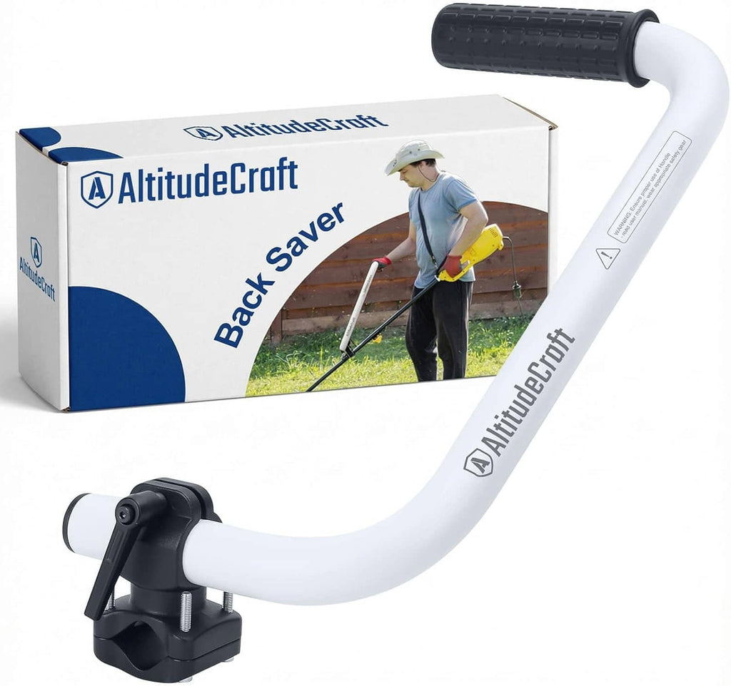 Weed trimmer handle extension with white curved arm, black clamp, and rubber grip