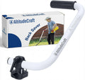 Weed trimmer handle extension with white curved arm, black clamp, and rubber grip