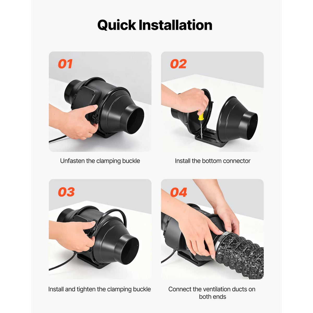 4-inch inline duct fan installation steps with detachable connectors and clamping buckle.