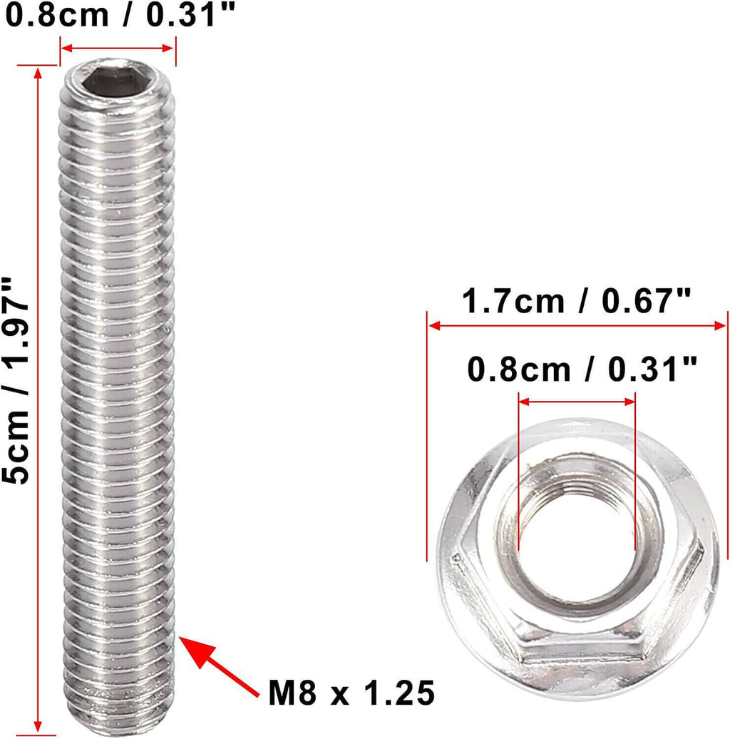 Stainless steel exhaust manifold stud and hex flange nut, close-up with thread details