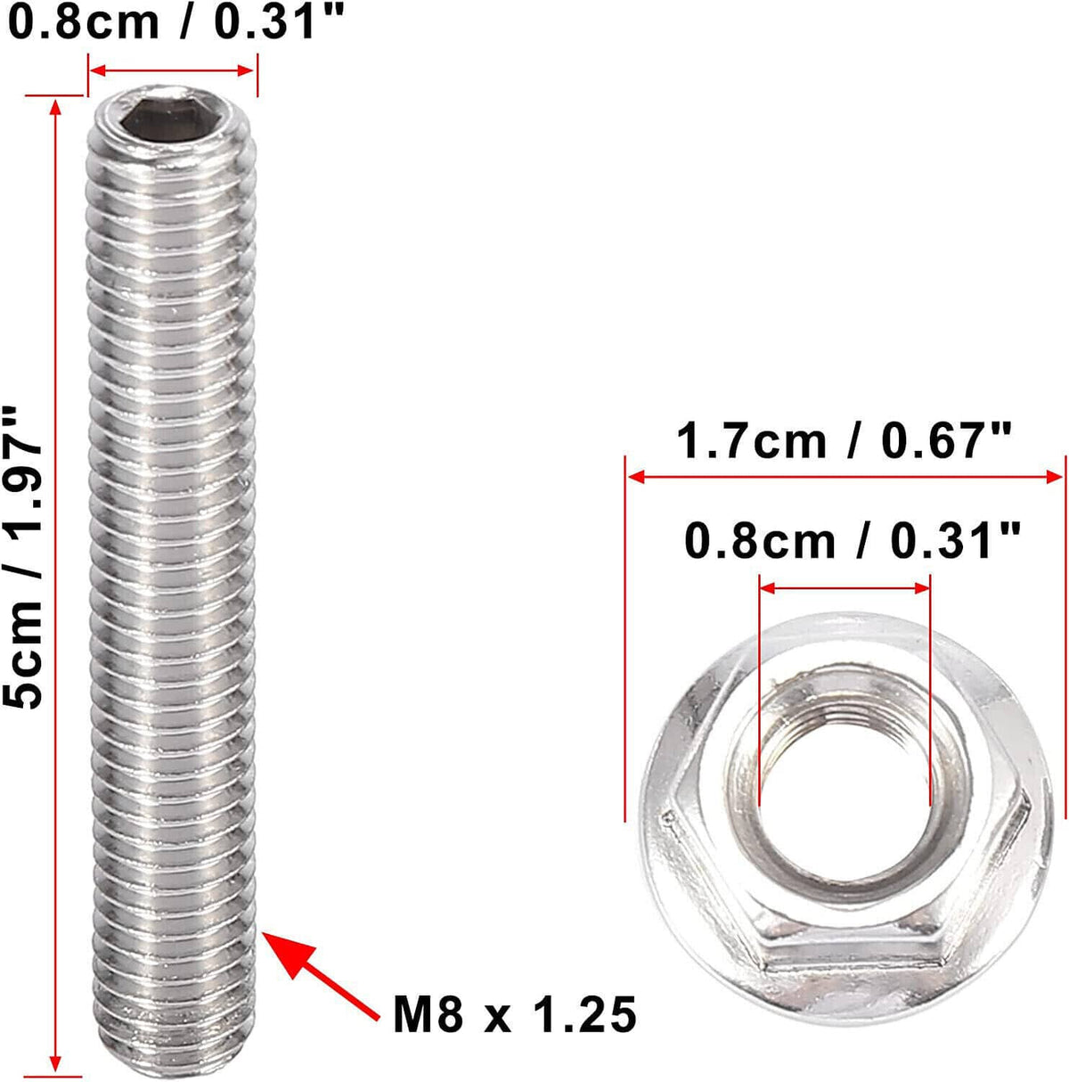 Stainless steel exhaust manifold stud and hex flange nut, close-up with thread details